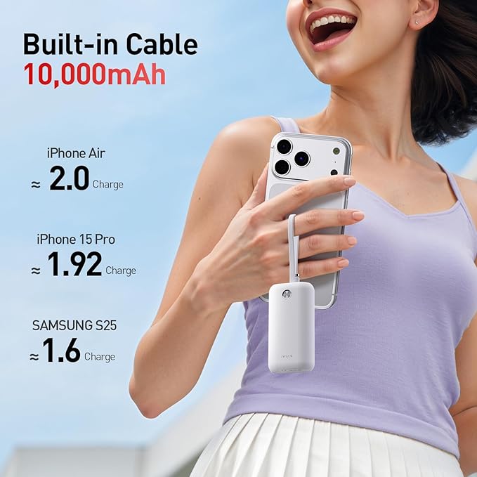 iWALK Mini Portable Charger 10,000mAh, 22.5W USB-C Fast Charging Power Bank with Built-in Cable, Travel Essential Ultra-Small Battery Pack Compatible for iPhone 17/16/16 Pro/15, Samsung, Google, White
