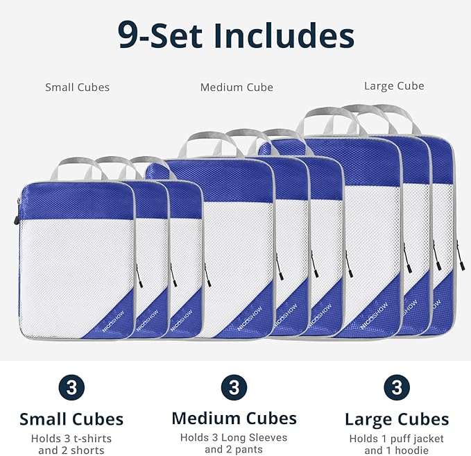 Compression Packing Cubes for Travel, Lightweight Travel Essentials, Packing Cubes Compression for Space-saving, 9 pcs, Royal Blue