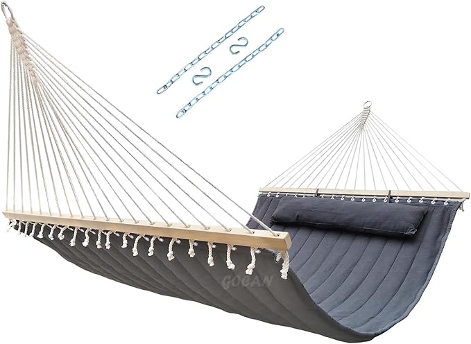 Double Hammock with Quilted Fabric and Spreader Bars,Longer and Sturdier,Quality Hammocks for Outdoor Indoor Patio Yard