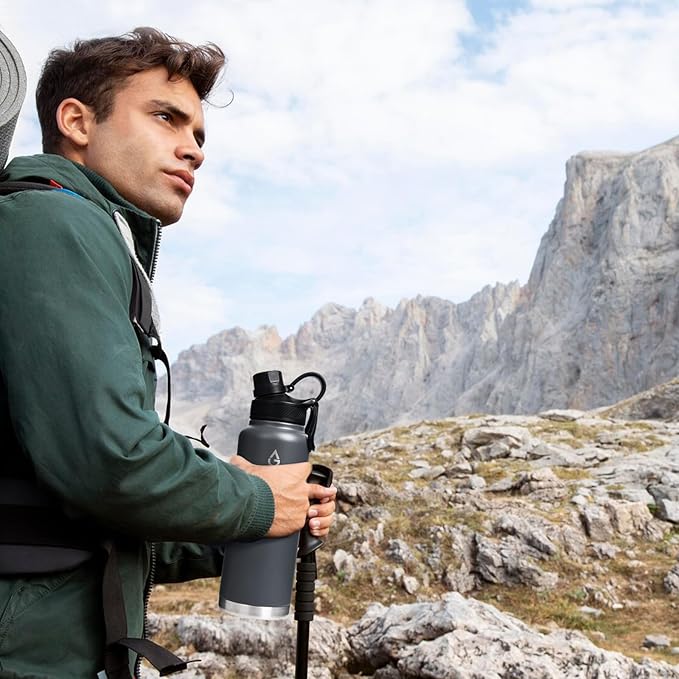 Stainless Steel Sports Water Bottle with Straw Lid Dustproof, 3 Lids, 24/32/40/64 oz BPA Free Vacumm Insulated Water bottle, Leakproof and Sweat Free, Perfect for The Go - 40 Oz Grey