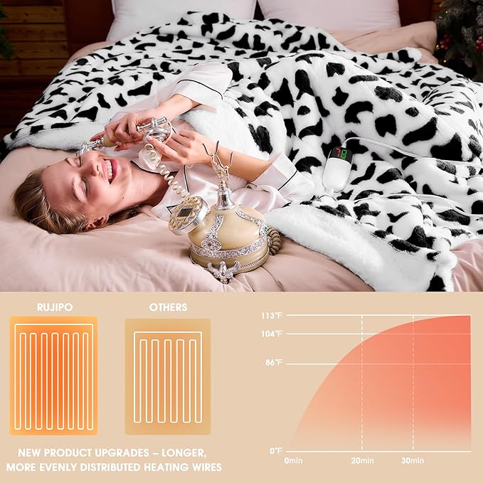 Cow Print Heated Electric Blanket Twin,62X84 Black Heating Blanket with 10 Heats Levels & 8 Hours Auto Off,Cute Cow Decor Fleece Sherpa Blankets Warmer Gifts for Women Couch Office,Washable,ETL