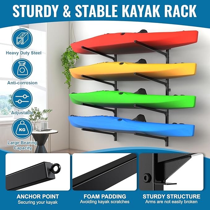 Kayak Rack for Outdoor Storage, Kayak Storage Rack, Adjustable Freestanding Kayak Rack Stand Holder for Paddleboard Surfboard for Indoor, Outdoor