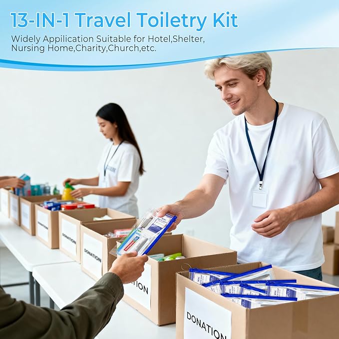 Personal Hygiene Kit Bulk Pack of 5,Individually Wrapped 13-IN-1 Blue Disposable Basic Travel Toiletry Set Homeless Care Package Supplies for Men,Women,Guests,Charity