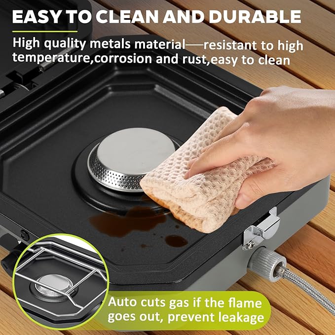 Portable 2 Burner Camping Stove with Handle, 16,000 BTU Foldable Propane Camping Stove with Grill and Carry Bag, Adjustable Burners&Flame-out Protection, Portable Camp Stove for BBQ, Tailgating, Grey