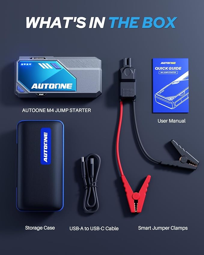 AUTOONE M4 Jump Starter 7500A Car Battery Jumper Starter Portable, 12V Jump Pack (All Gas/12L Diesel) Jump Box for Car Battery with Built-in Booster, Storage Case, LED Light, Jumper Cables