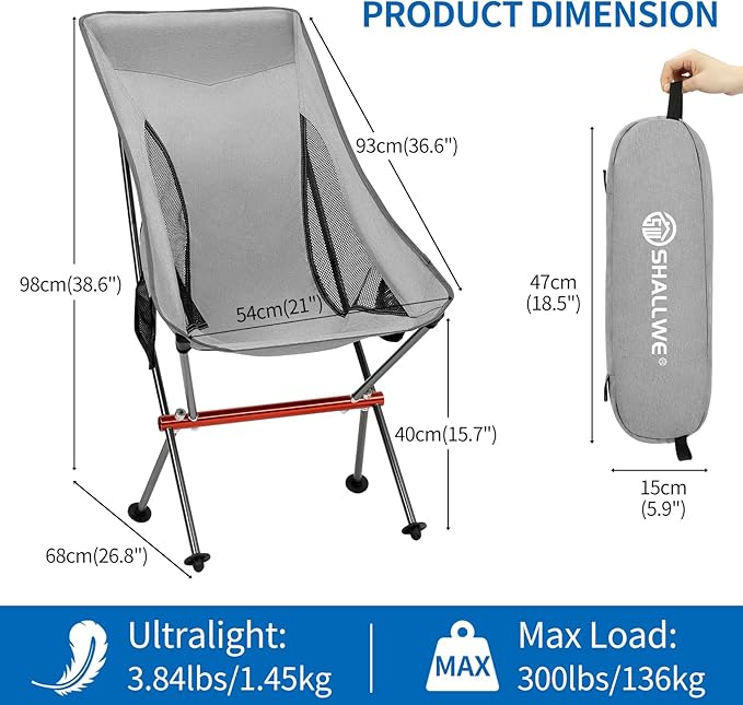 SHALLWE Camping Chairs, All Aluminum Frame Portable Folding Camp Chair for Adults, Heavy Duty High Back Collapsible with Built-in Pillow, Side Pocket, Carry Bag for Backpacking, Hiking, Beach