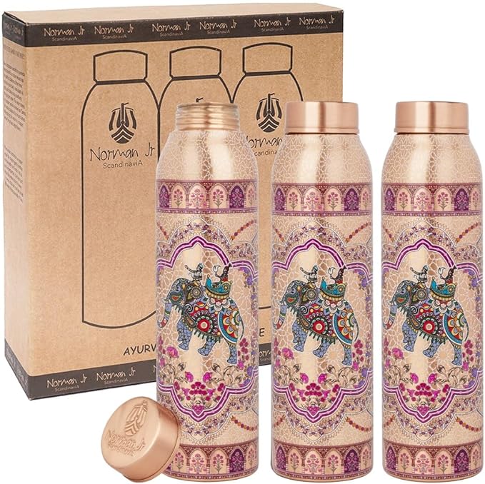 NORMAN JR Copper Water Bottle 1L - Ethnic UV Print, an Ayurvedic vessel made from pure copper - helps you drink more water, with many health benefits in Gift Box - Pack of 3