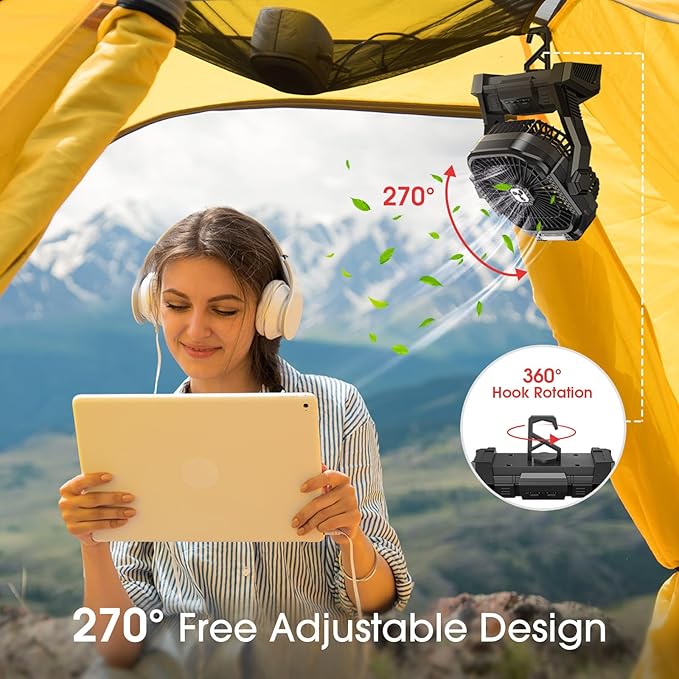 ONLYNEW Portable Fan Rechargeable, 20000mAh Cordless Battery Powered Fan with LED Lantern, USB C Battery Operated for Travel Bedroom Home Camping Tent Office Beach Desk Fishing Table (Black)
