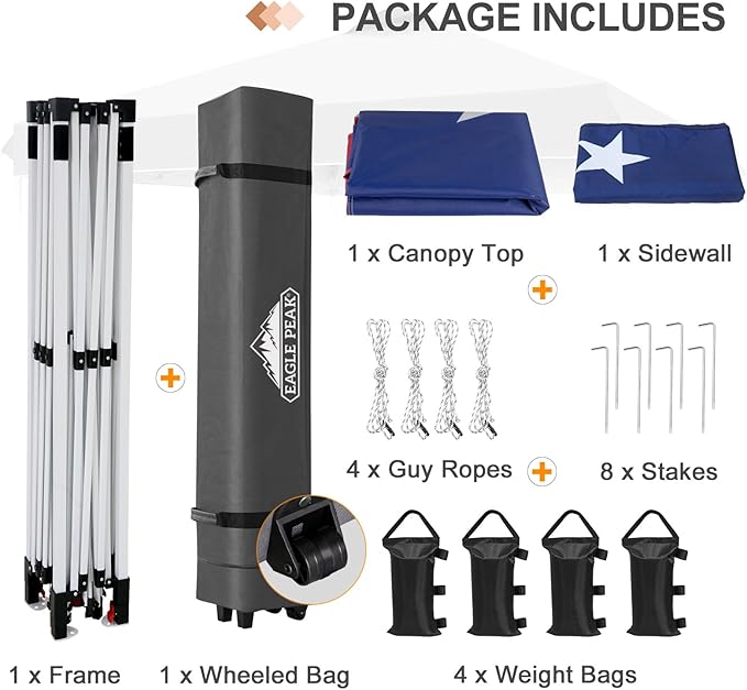 EAGLE PEAK Pop Up Canopy Tent with 1 Sidewall, Easy Setup Event Tent, Outdoor Sun Shade, Wheeled Carry Bag, Stakes and Guy Ropes, Instant Canopy 12x12, American Flag
