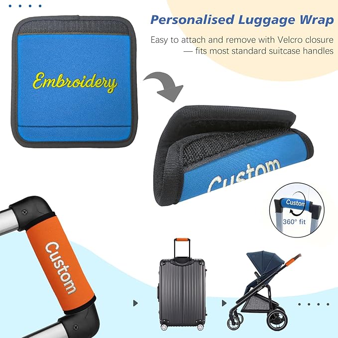 Personalized Luggage Handle Wrap with Embroidered Name Custom Soft Grip Handle Cover for Suitcase, Travel Bag Machine Washable Luggage Identifier for Airplane, Cruise, Road Trip (1 Piece)