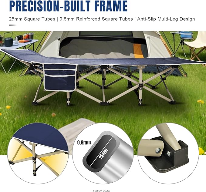 YELLOW JACKET Camping Cot with Mattress for Adults, Folding Sleeping Cot 600lbs Max Load, Portable Camping Cot with Carry Bag, 28" Wide Cot for Camping, Home,Office,Travel (Blue)