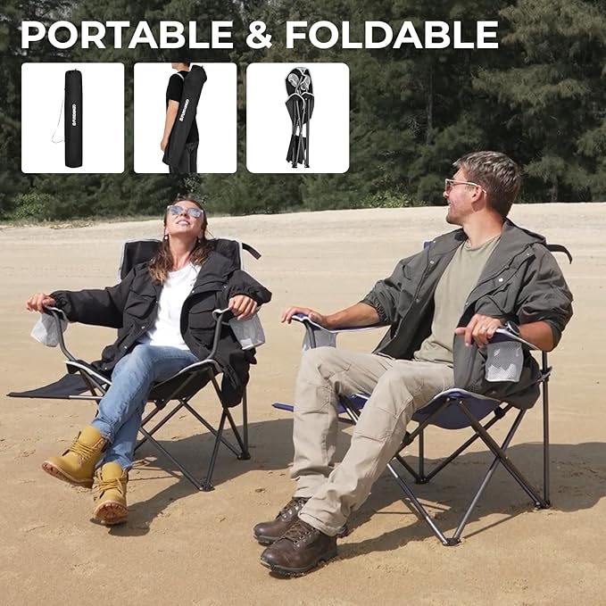 FUNDANGO Folding Camping Chair with Table, 2 Pack Portable Heavy Duty Outdoor Padded Chairs for Adults with Cup Holders for Lawn Beach Picnic Outside Travel (Black)