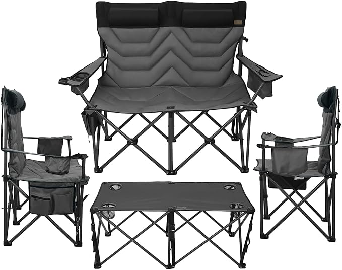Oversized High-Back Camping Chairs with Pillow, Dual Cup Holders & Cooler Bag - Heavy Duty Foldable Outdoor Chair for Adults4PC (1, BLACKGREY-4PC-SET)
