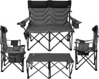 Oversized High-Back Camping Chairs with Pillow, Dual Cup Holders & Cooler Bag - Heavy Duty Foldable Outdoor Chair for Adults4PC (1, BLACKGREY-4PC-SET)