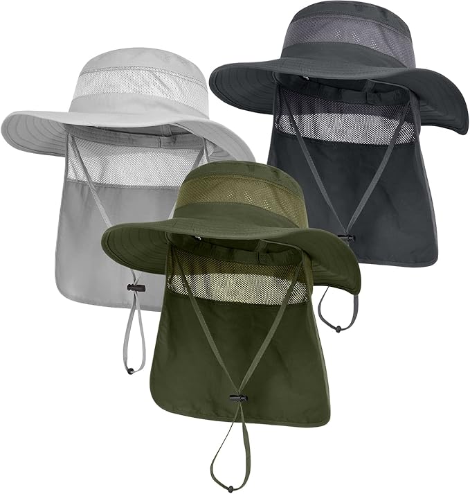 3 Pack Mens UPF 50+ Wide Brim Sun Hat with Neck Flap for Fishing Hiking Garden
