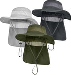 3 Pack Mens UPF 50+ Wide Brim Sun Hat with Neck Flap for Fishing Hiking Garden
