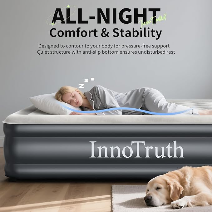 InnoTruth Air Mattress Queen with Built in Pump, Inflatable Mattress Blow up Mattress, Family Choice Award Winner, 18" Colchones Inflables Foldable Air Bed for Guest & Home, Ideal for Camping, 650lbs