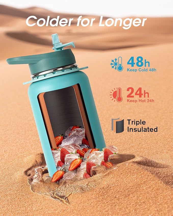 Coolflask Water Bottle 40 oz with Strap, Insulated Metal Water Flask with Straw & Spout Lids, Stainless Steel Double Wall Vacuum, Keep Cold 48h Hot 24h, Leak Proof & Non-BPA, Agate Green