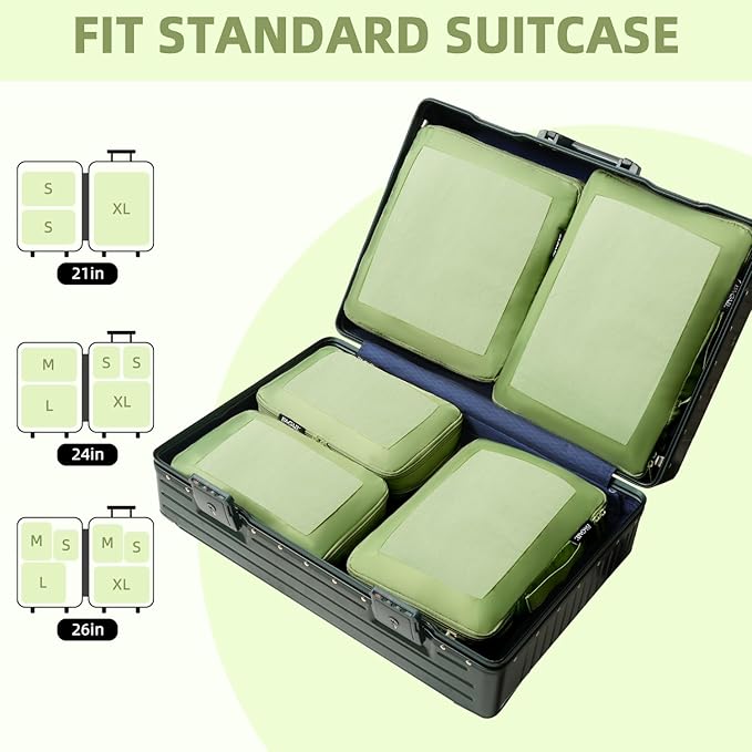 BAGAIL 4 Set/6 Set/8 Set Compression Packing Cubes Travel Accessories Expandable Packing Organizers (Square Mesh, 06-Matcha Green)