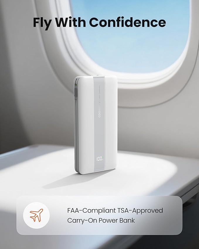 Fast Charging Power Bank with AC Wall Plug, USB C Portable Charger 10500mAh 22.5W with Built in Cables, 4 Outputs 3 Inputs LED Display External Battery Pack Compatible with iPhone/Android (White)