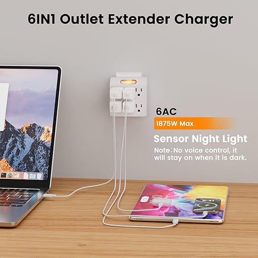 6-Outlet Extender 2 Pack, 3-Prong Grounded Wall Tap Adapter with LED Guide Light, 1875W Multiple Plug Electrical Outlets Splitter for Home, Office, Hotel, Travel, ETL Listed, Cruise Essentials, White
