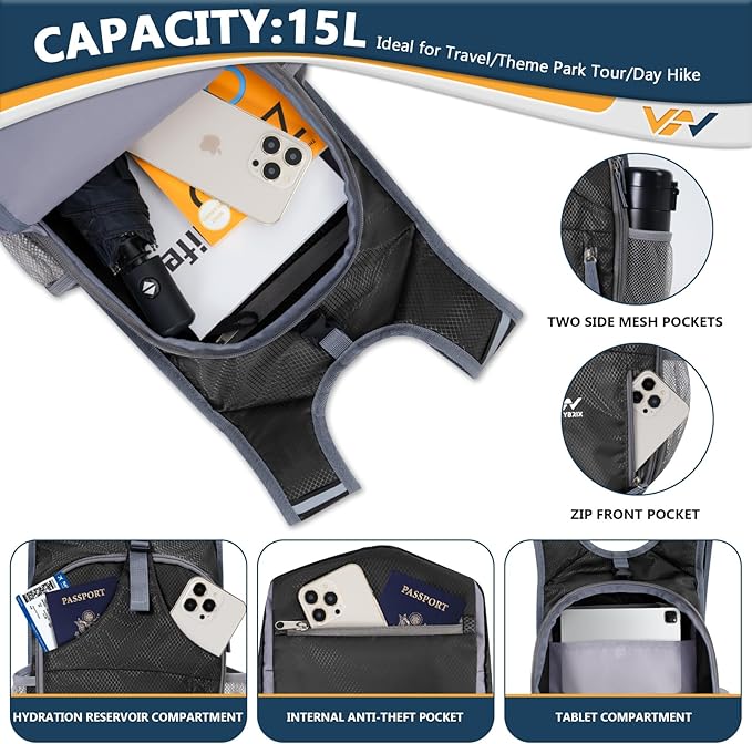 15L Hiking Backpack - Small Lightweight Packable Daypack Travel Outdoor Foldable Shoulder Bag Camping Hiking Backpack for Women Men - Black