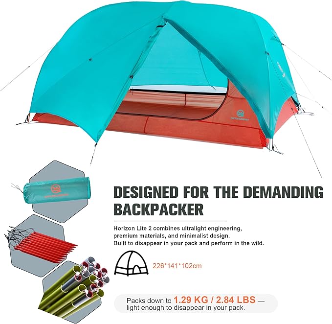 Backpacking 2 Person Ultralight Tent – Freestanding, 3-Season, Waterproof, Double Doors – Horizon Lite 2 – Seafoam Blue
