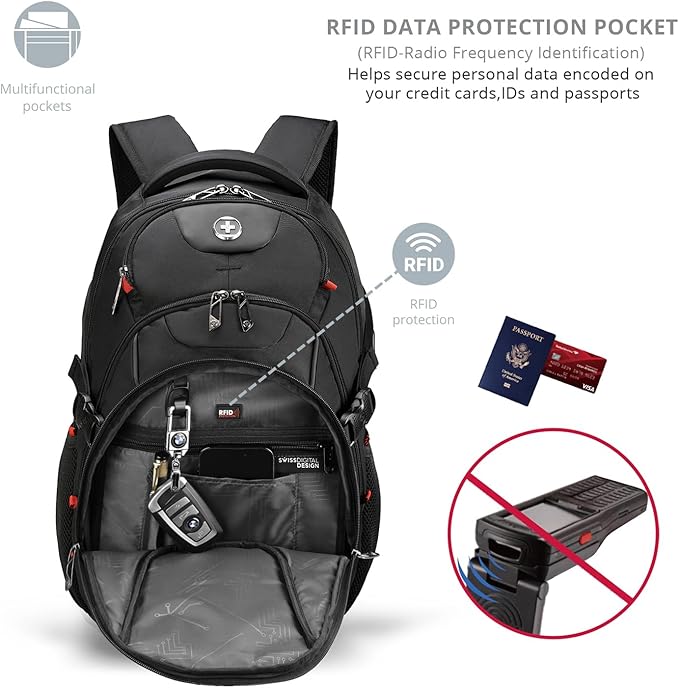 Swissdigital Design Laptop Backpack, Travel Backpack with USB Charging Port Fits 15.6 inches Computer, 31L College School Bookbag for Men, Black | SD803-01