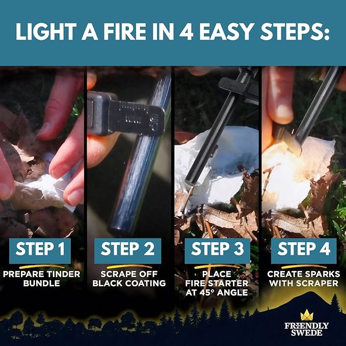 The Friendly Swede Ferro Rod Fire Starter Tool — Flint and Steel Fire Starter Survival Tool with Wooden Handle; Weatherproof Firestarter for Camping, Hiking & BBQs; Compact with Optimal Grip
