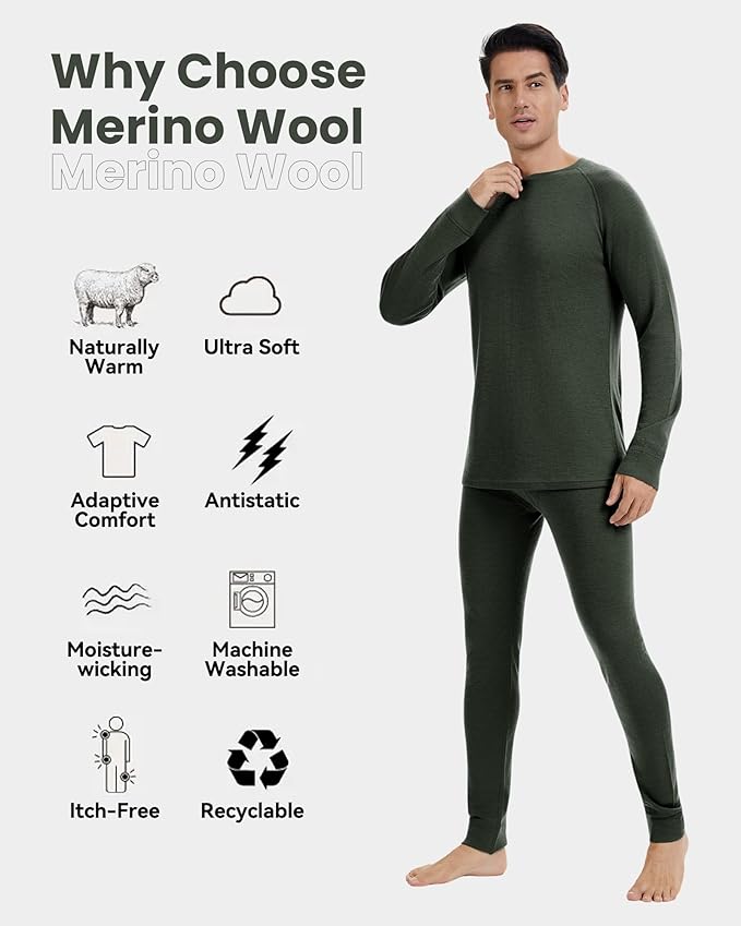 Men's 100% Merino Wool Base Layer Sets Lightweight Active Base Layer for Ski