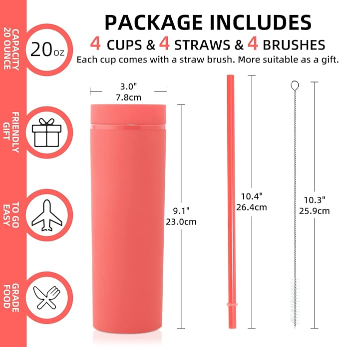 Volhoply 20oz Tumbler with Lid and Straw 8 Pack,Double Wall Plastic Skinny Tumblers Bulk,Reusable Travel Coffee Mug,BPA Free Matte Acrylic Water Cups with Straw for Party,DIY Gifts(Assorted, 8 Set)