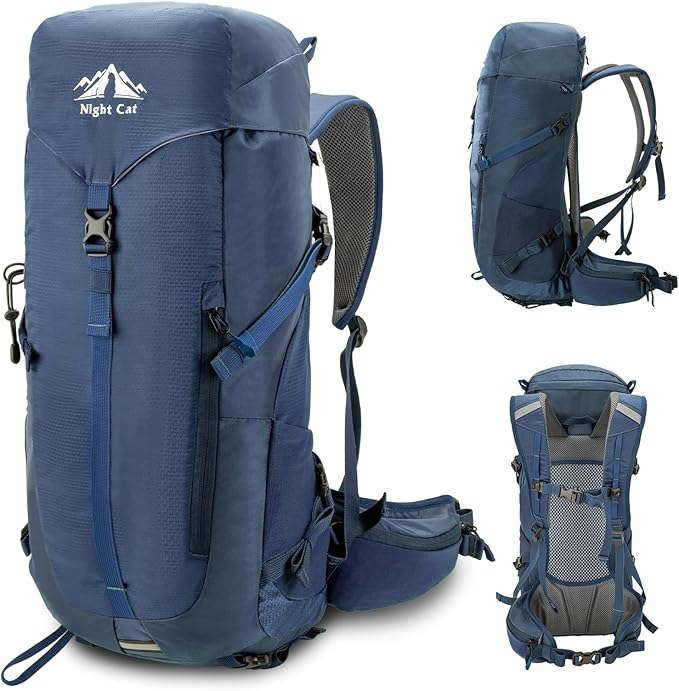 Night Cat Internal-frame Hiking Backpack: 30L Camping Backpack for Men Women Lightweight Waterproof Rain Cover Blue