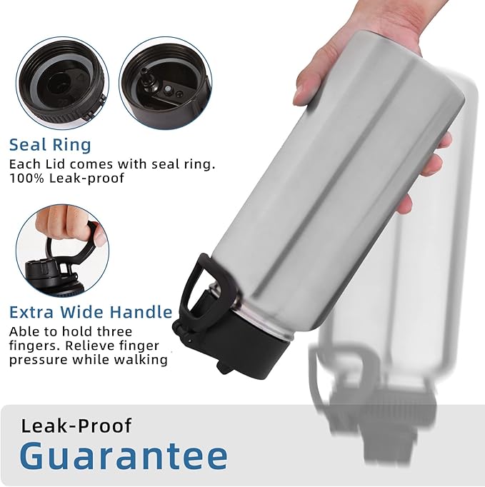 Volhoply 32 oz Insulated Water Bottle with Straw Lid and Spout Lid,Stainless Steel Sports Water Bottle,Double Wall Vacuum Cups,Leakproof Metal Flask with Wide Mouth for Hiking,Camping(Silver,1)