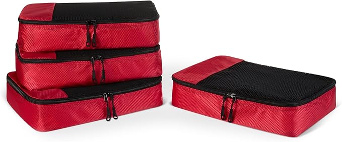 Amazon Essentials 4-Piece Packing Cubes Travel Accessories Set, Luggage Organizer with Double Zipper, Mesh Top, 100% Polyester, Medium, Red (Previously Amazon Basics)