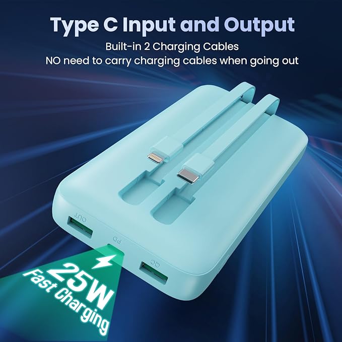 Portable Charger 40,800mAh Power Bank, 25W PD QC 4.0 Fast Charging Portable Phone Charger with Built-in Cables,LCD Display USB C Battery Pack Compatible with iPhone 16/15/14,Android Samsung (Green)