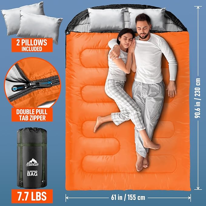 MEREZA Double Sleeping Bag for Adults Mens with Pillow, XL Queen Size Two Person Sleeping Bag for All Season Camping Hiking Backpacking 2 Person Sleeping Bags for Cold Weather & Warm