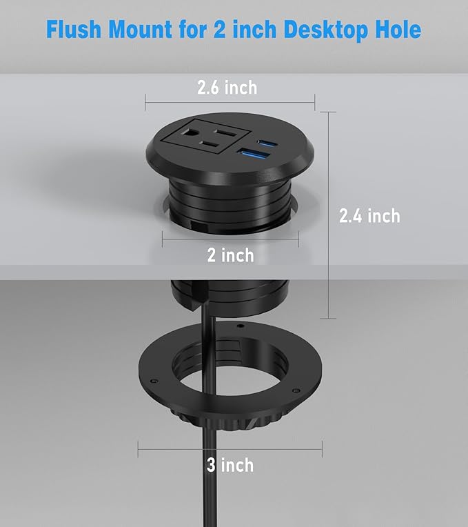 2 Pack Desk Power Grommet Outlet, 2 inch Recessed Power Outlet with 20W USB-C Fast Charging, for Conference Rooms, Office Tables, Furniture, 6FT Cord(ETL Listed)