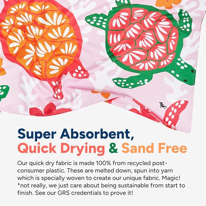 Dock & Bay Beach Towel - Quick Dry, Sand Free - Compact, Lightweight - 100% Recycled - Includes Bag - Turtley Tropical - Large (160x90cm, 63x35)