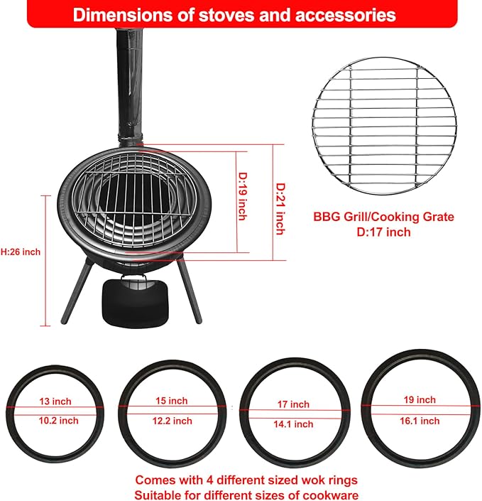 Multifunction Wood Burning Stove with Grill Rack,Large Portable Charcoal Grill,Camping Rocket Stove for Outdoor/Backyard Cooking,Chinese Wood Stove,Off Grid Living Supplies