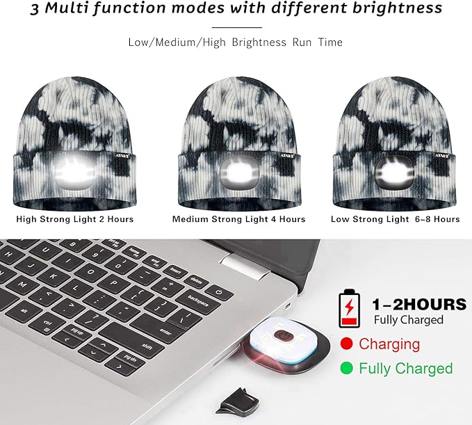 ATNKE LED Lighted Beanie Hat,USB Rechargeable 4 LED Running Headlamp Bright Cap with The Light Gifts for Men and Women