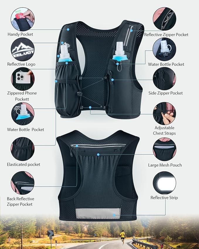 Running Vest for Women Men, USA Original Patent, Adjustable Chest Straps Running Hydration Vest with 500ml Soft Flask, Lightweight Reflective Hydration Backpack for Hiking Marathon