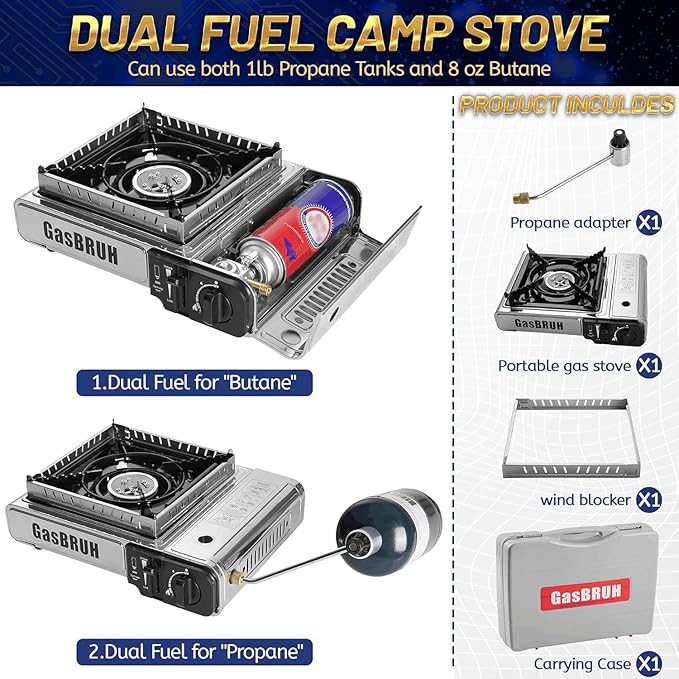 Propane or Butane Stove with Windblocker, Dual Fuel 10,000 BTU Stainess Steel Propane Stove for Camping(TANK not included)