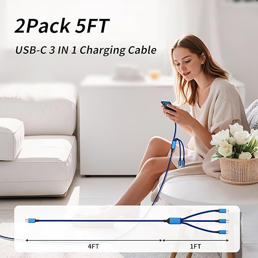 USB C Multi Charging Cable, 2Pack 5FT Multiple Charger Cord, 3 in 1 Universal Charger Cable with Type-C/Micro USB and IP Port, Compatible with Most Cell Phones-Blue
