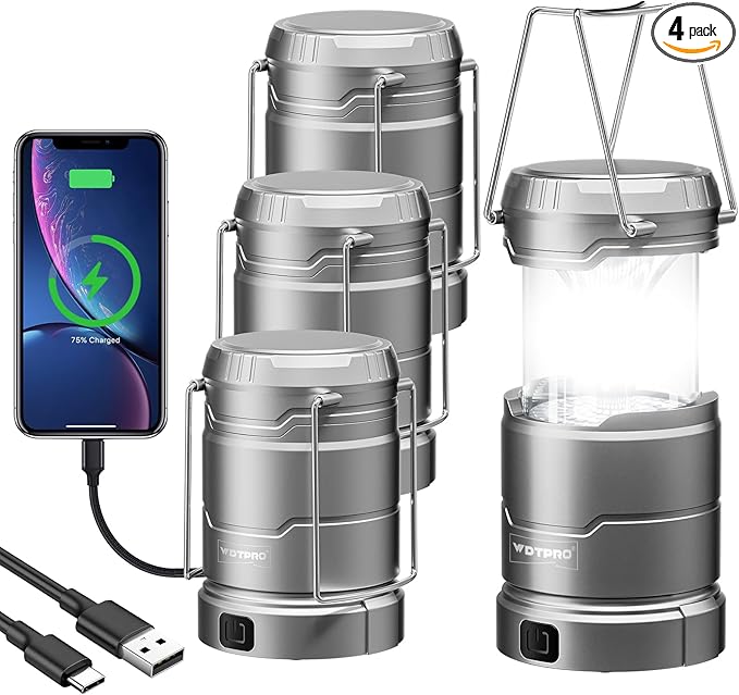 4 Pack Camping Lanterns Rechargeable Collapsible, 65 LED 3 Lighting Modes, 1000LM Dimmable Camping Lights Waterproof, Portable Lantern for Camping Essentials Power Outages Tent Emegency Home Hiking