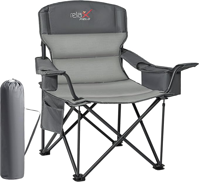 Oversized Folding Camping Chair, Heavy Duty Support 500LBS Outdoor Chair with Cup Holder Storage and Cooler Pouch, Collapsible Padded Arm Chair for Sports Garden Beach Fishing, Grey