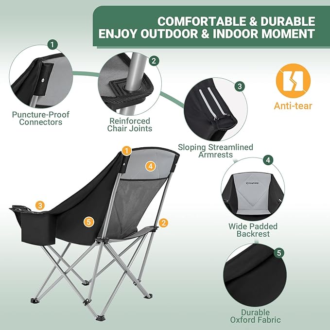 KingCamp Oversized Camping Chair, Padded Folding Couch for Adults, Heavy Duty 300lbs Large Comfortable Sofa Seat with Ice Bag Cup Holder for Outdoor Sports Backyard Patio Lawn, Black/Grey