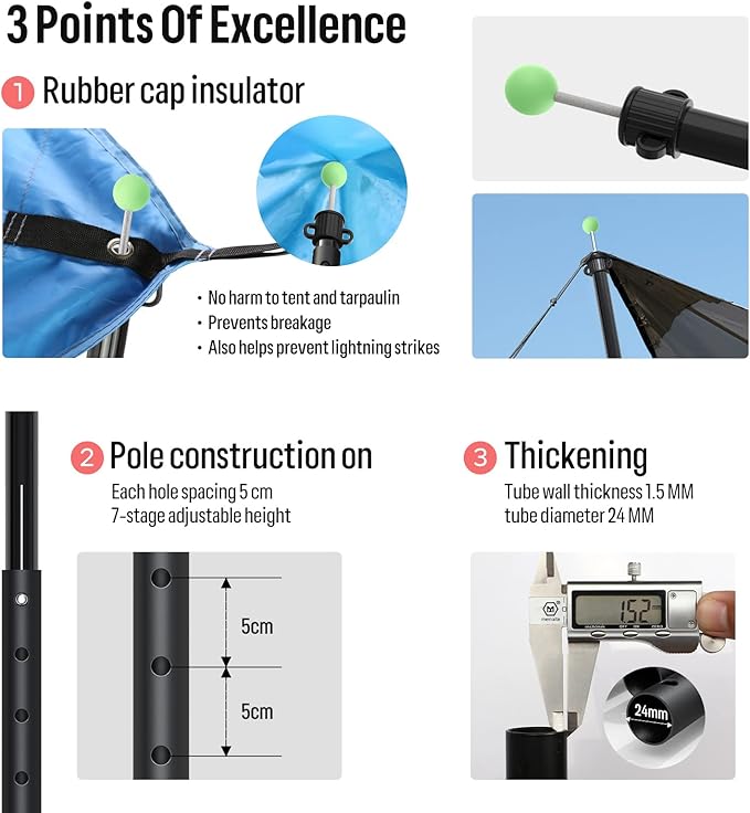 KOMCLUB Tent Poles Adjustable Lightweight Camping Tarp Poles 82.68" Aluminum Alloy Telescoping Solar sail Poles for Awning Canopy Tent Tarp Hiking Light Weight and Easy to Carry (2PC & Black)