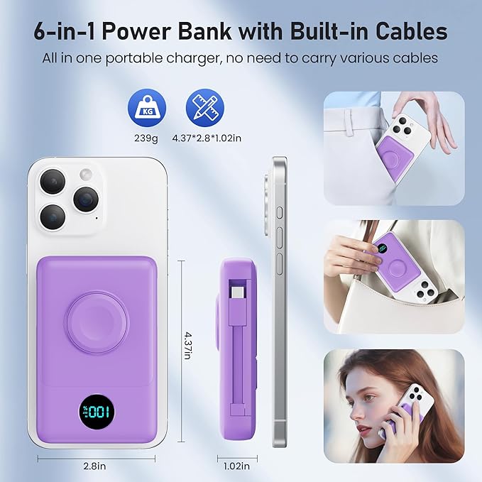 Magnetic Portable Charger for iPhone with Built-in Cables, 6-in-1 10800mAh Power Bank with iWatch Charger & LCD Display,25W Fast Charging Battery Pack for iPhone 16/15/14/13/12,Apple Watch (Purple)