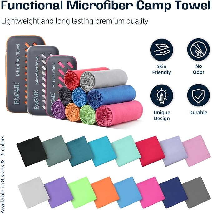 BAGAIL Camping Towel with EVA Case, Compact & Ultra Soft Microfiber Travel Towel - Super Absorbent & Lightweight Quick Dry Towels for Sports, Beach, Gym, Backpacking, Hiking and Yoga