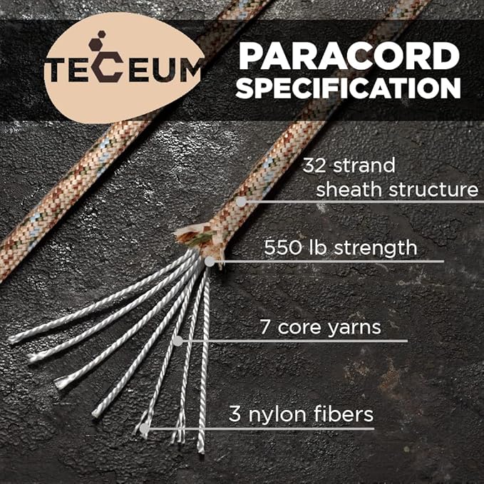 TECEUM 5/32" Paracord Rope 1000 – 1000ft / 200ft / 100ft / 50ft – Tactical Parachute Cord 4mm – 45+ Colors – Nylon String for Survival & Camping Gear – Stripe Cord for Survival – Utility Rope